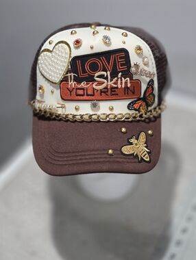 Embellished Brown and White Women's Hat with Gold Accents